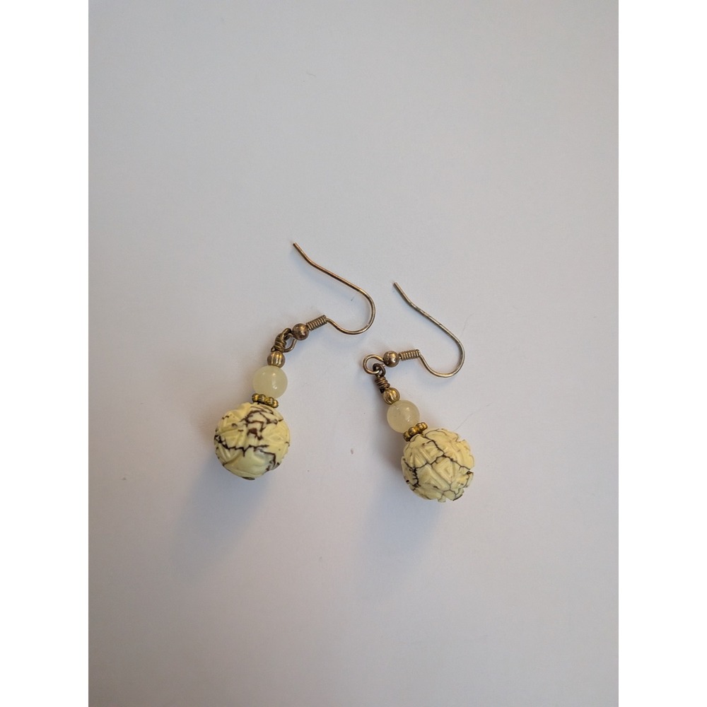 Boho Carved Cream Bead Drop Earrings Bronze Tone Fishhook Dangle Earrings